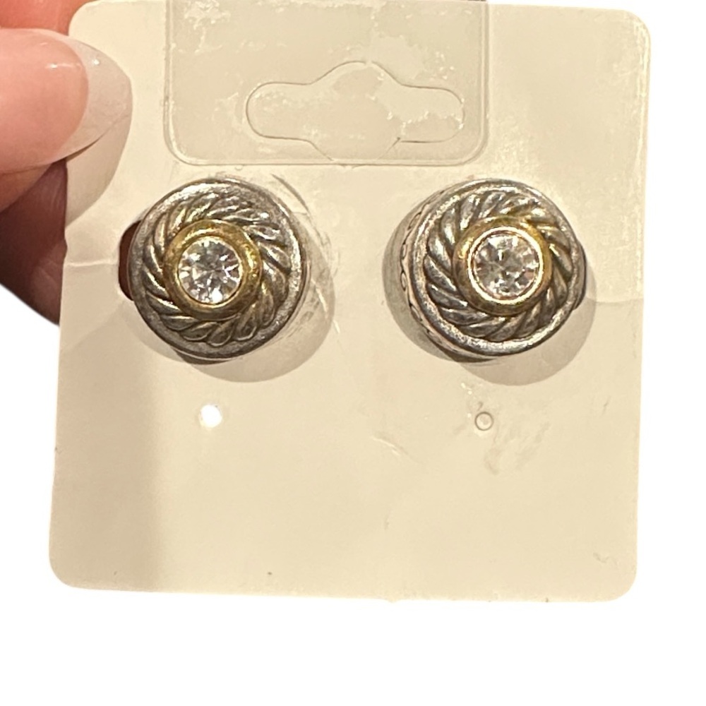 Brighton Heritage Preppy Style Two-Tone Rope Stud Earrings Crystal Heart Back